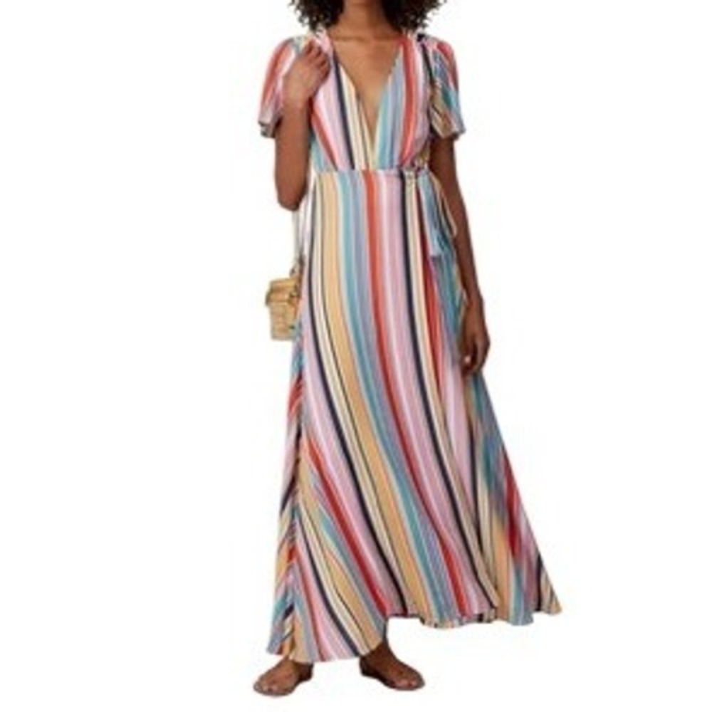 Louna Meghan Multi Color Vertical Stripe Wrap V-Neck Flutter Sleeve Maxi Dress M